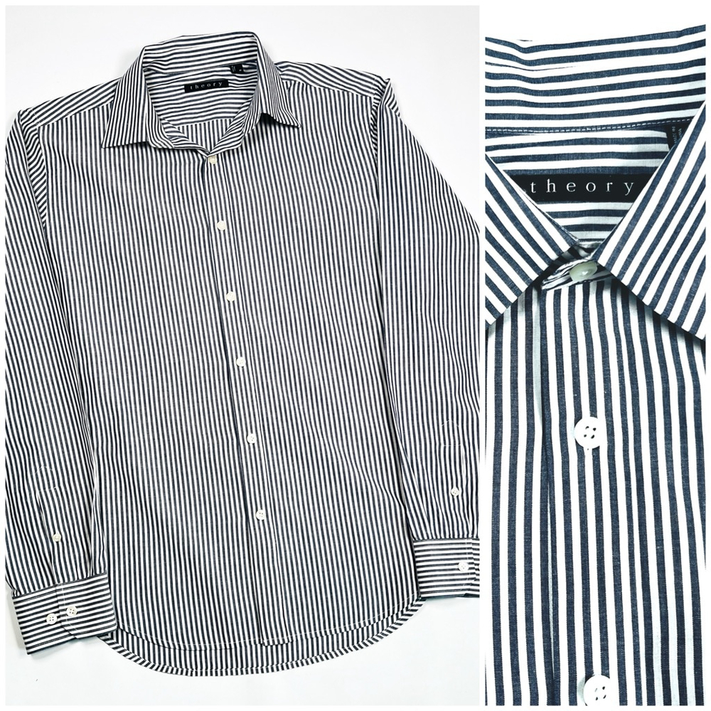 Theory Mens Shirt Striped Button Down Shirt Size M White Grey Cotton Silk